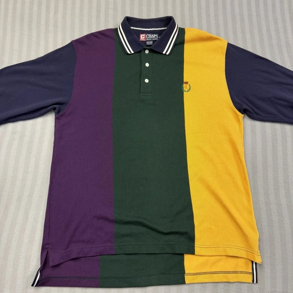 Vintage 90s Chaps Ralph Lauren Longsleeve Polo Size Medium Vertical Color Block
